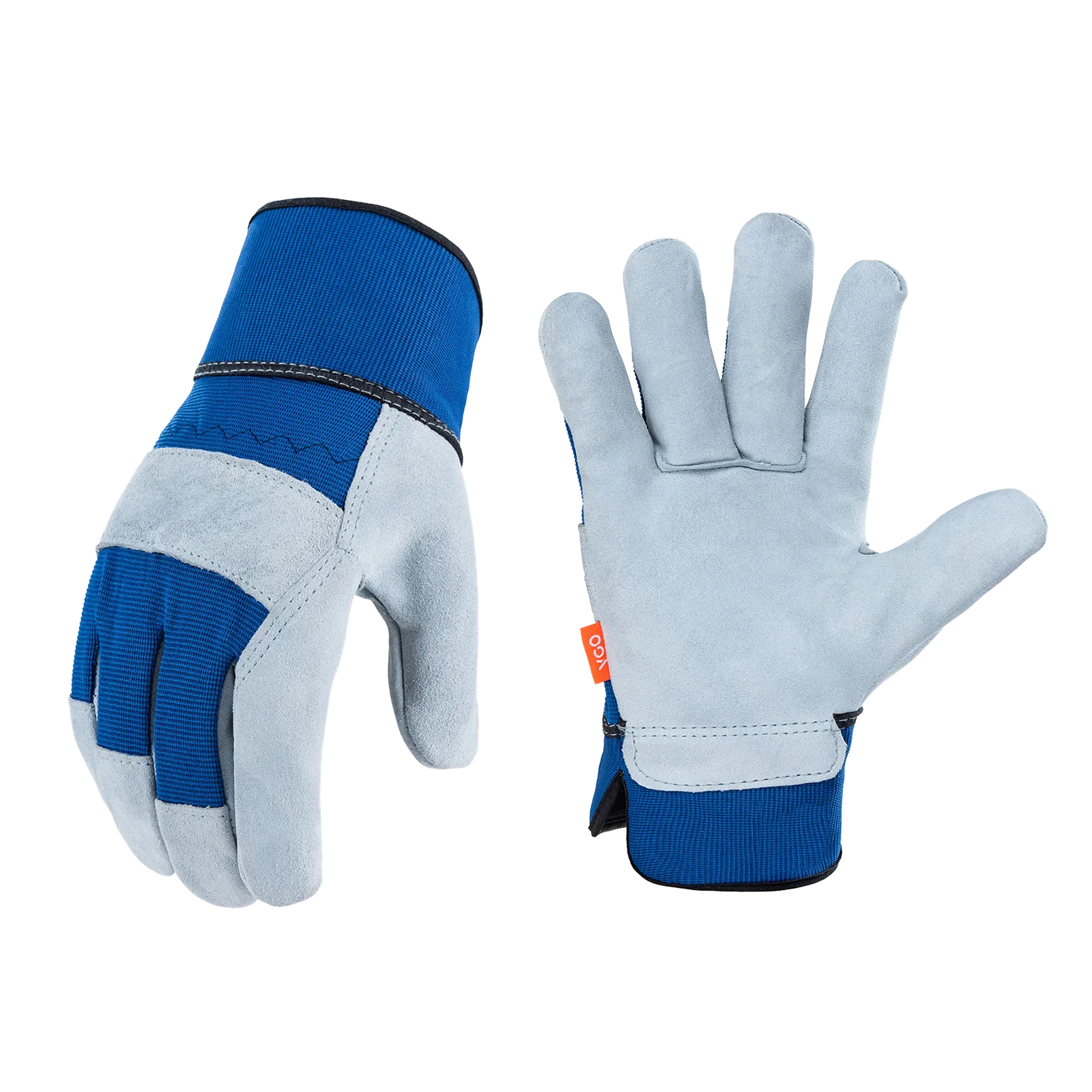 VGO Multiple Colours Cow Split Leather Men's Work Gloves with Safety Cuff (Blue&Orange&Green, CB3501)