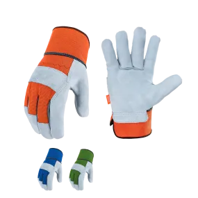 VGO Multiple Colours Cow Split Leather Men's Work Gloves with Safety Cuff (Blue&Orange&Green, CB3501)