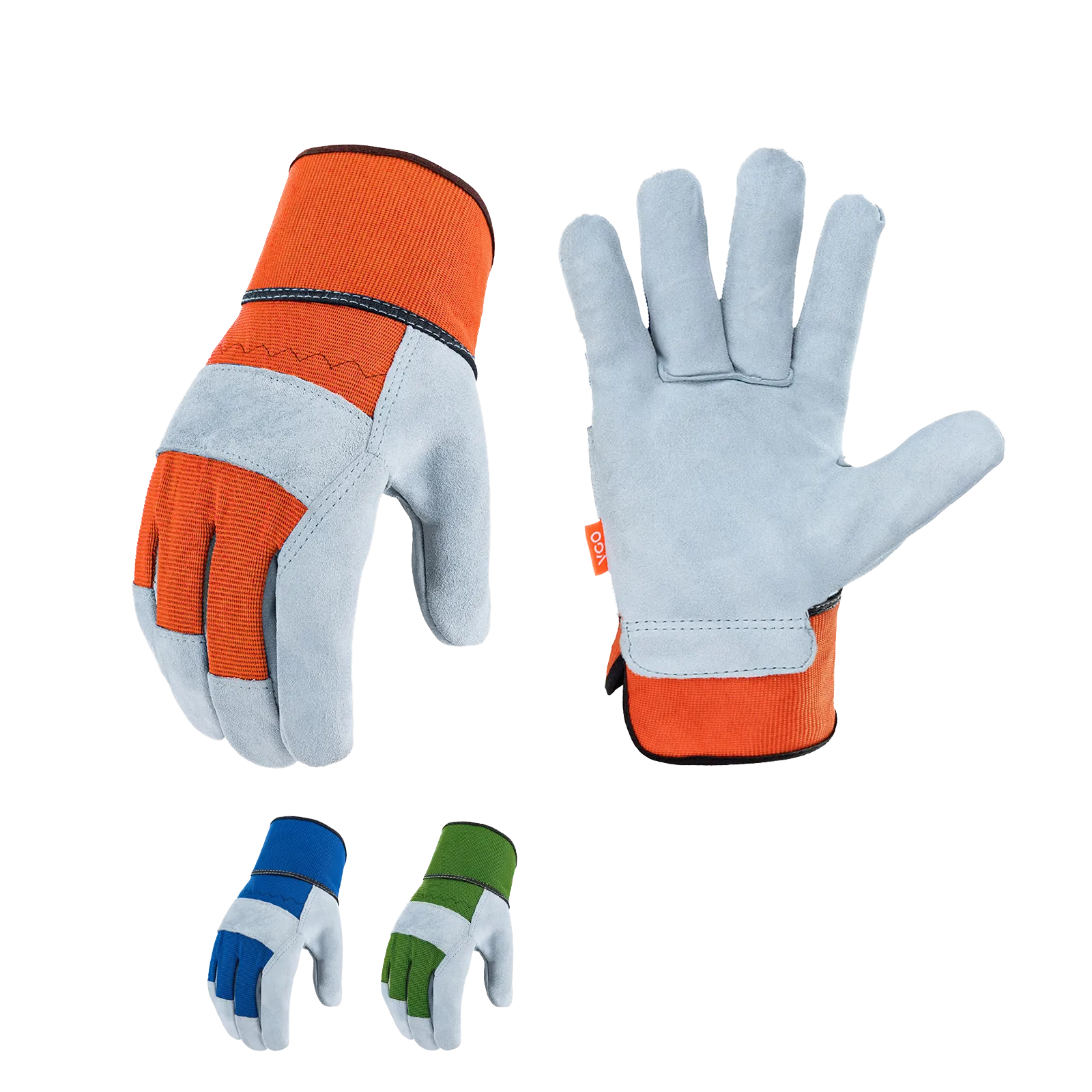 VGO Multiple Colours Cow Split Leather Men's Work Gloves with Safety Cuff (Blue&Orange&Green, CB3501)